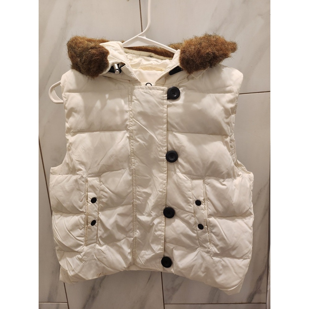 Gap,Womens,Short Puffer Down Vest Medium White Zip,Hood Detaches, Faux Fur Trim